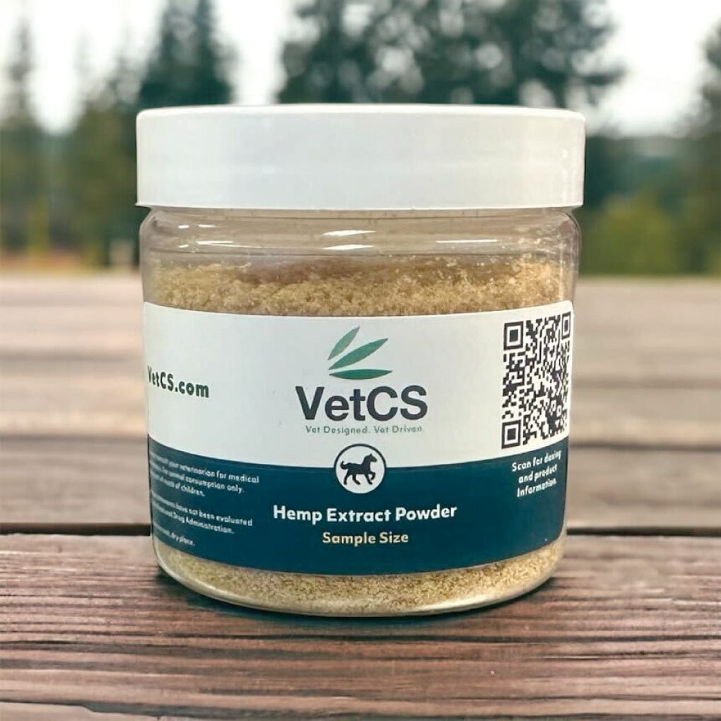 VetCS CBD powder for horses sample size on wood table