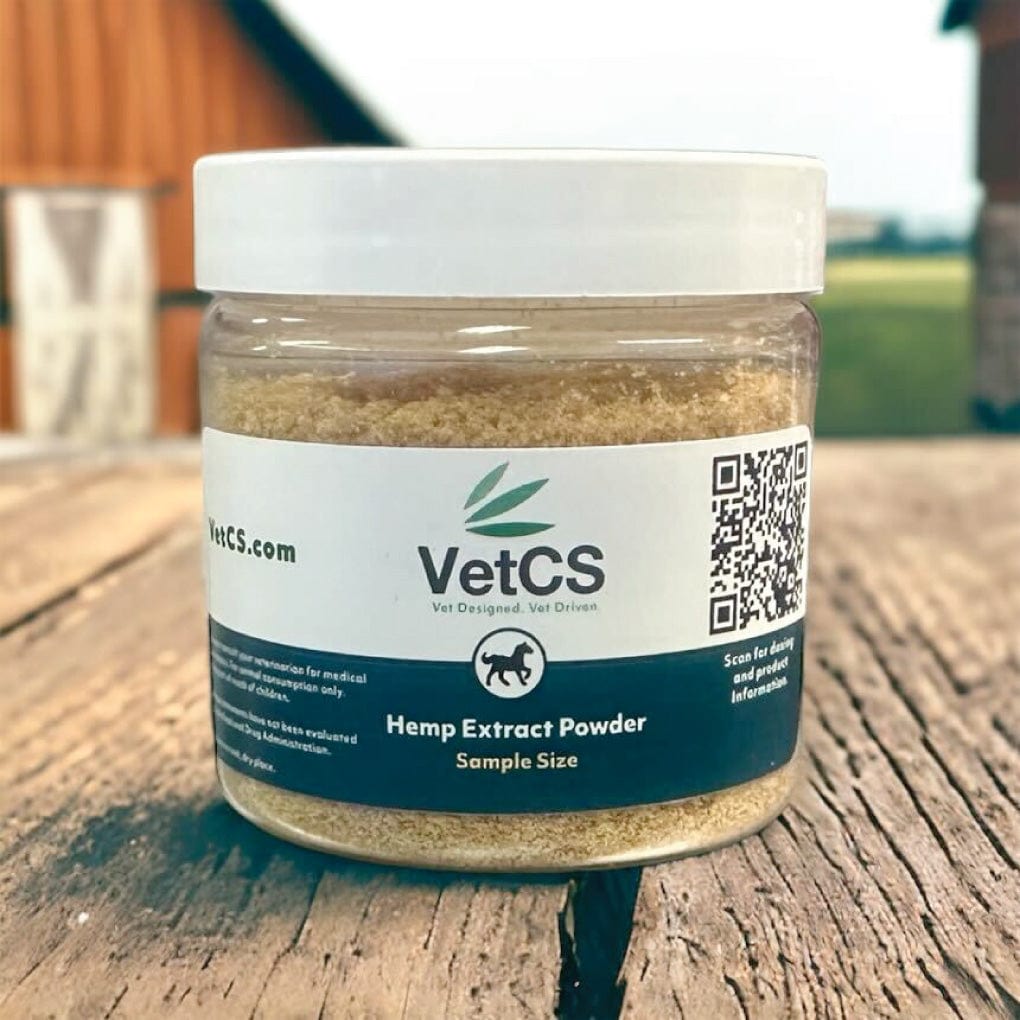 VetCS CBD powder for horses sample size on farm table