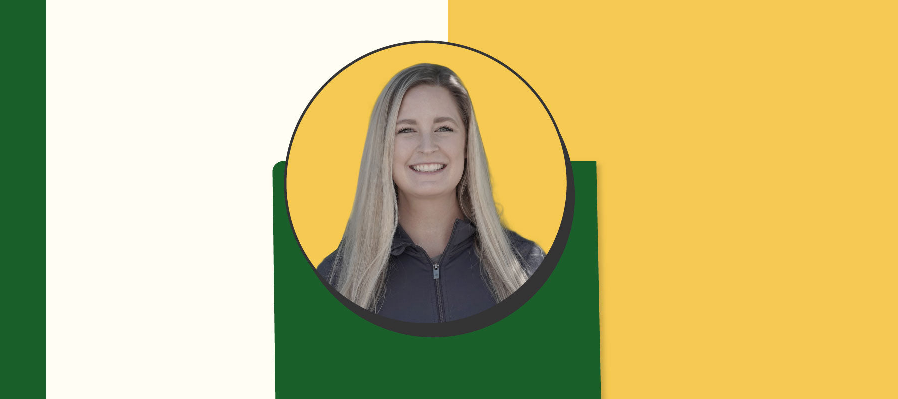 Portrait of a smiling VetCS co-founder featured in a stylized yellow and green blog header graphic.