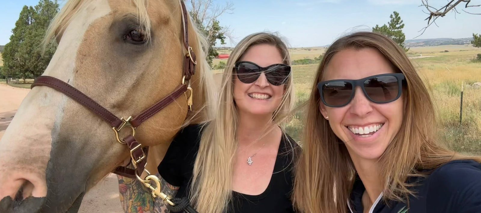 Two women smiling with a horse outdoors, representing the VetCS founders and their connection to animal care