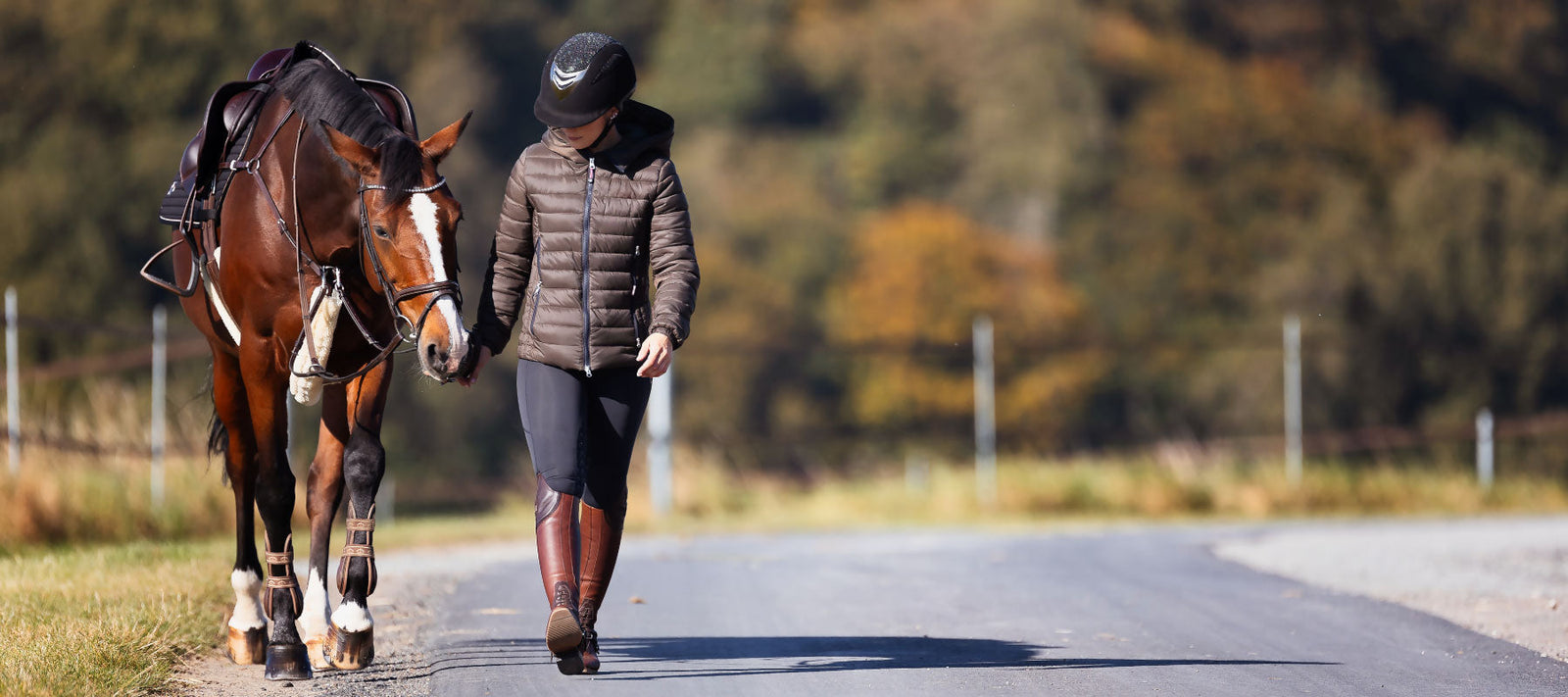 women walking on road with brown horse