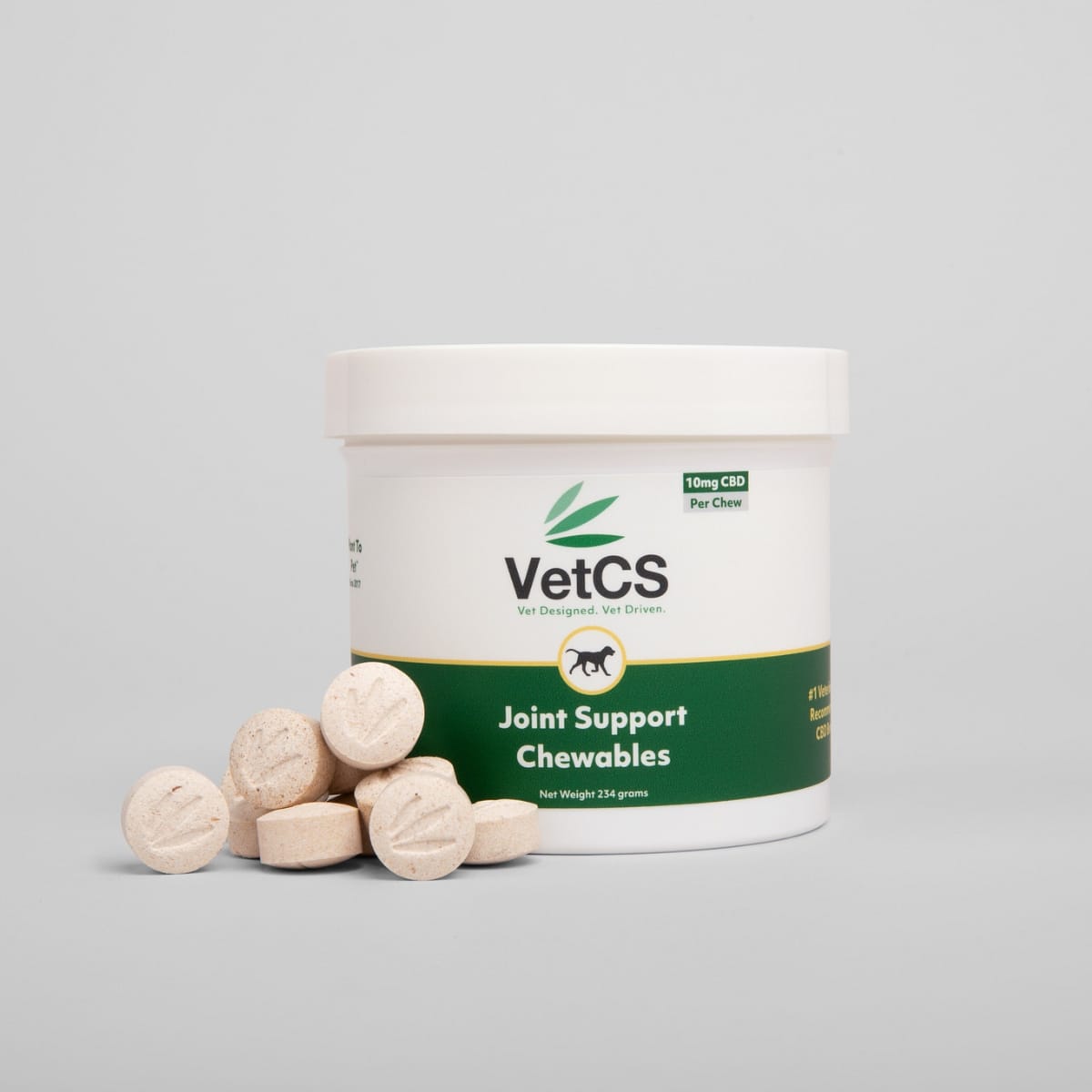 VetCS joint support chewables for dogs with light gray background