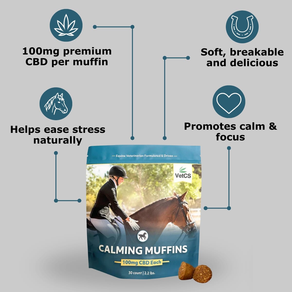 VetCS Horse Calming Muffins with CBD infographic with product bag and light gray background