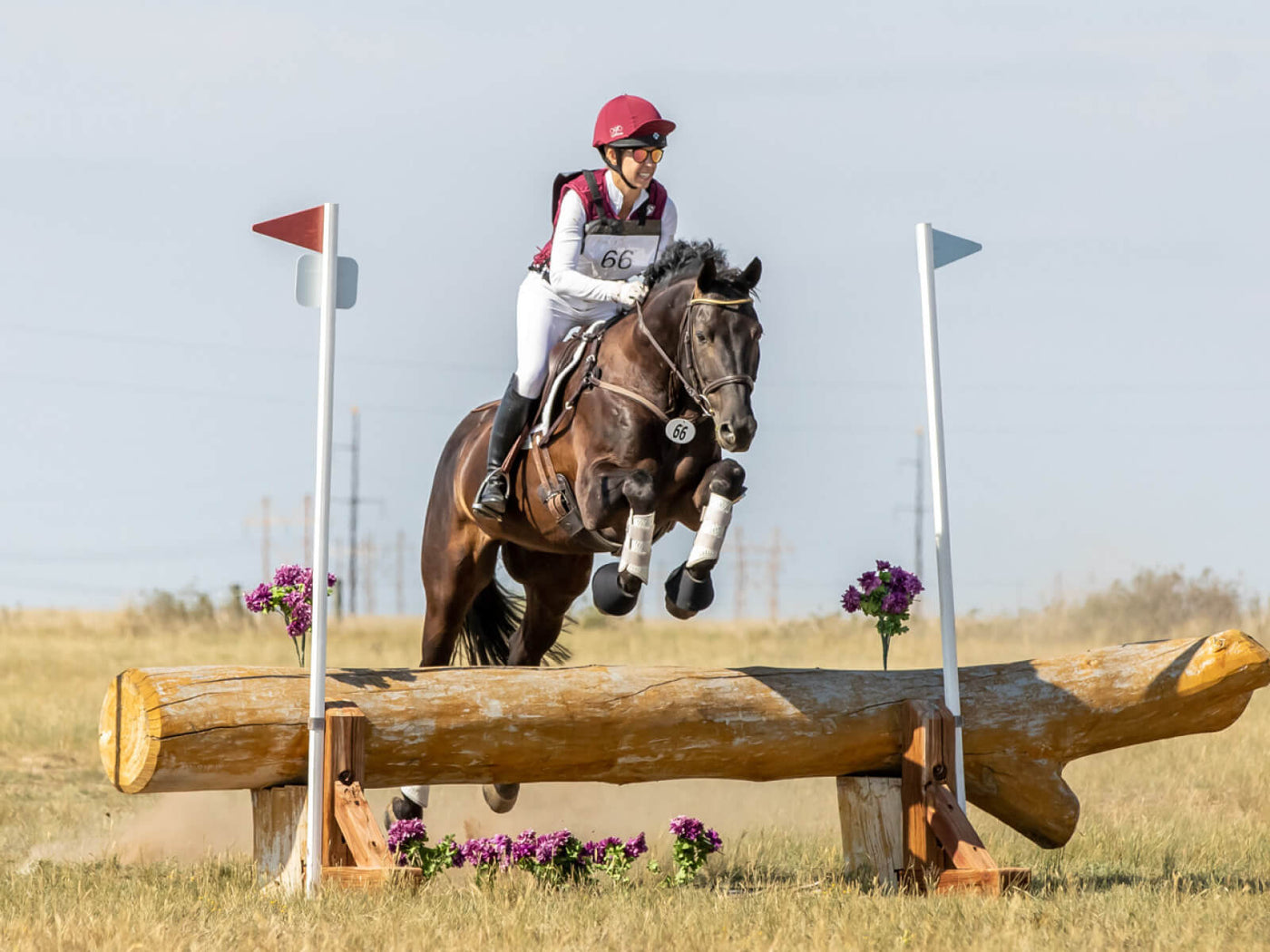 Horse and rider jumping over a log obstacle in an equestrian competition.