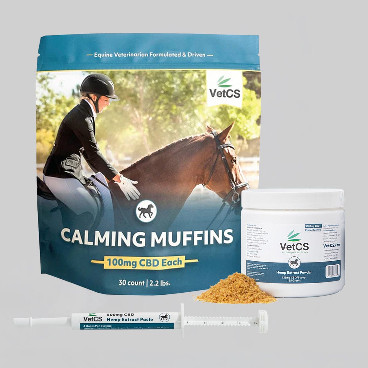 VetCS calming muffins for horses with a person riding a horse, a jar of powder, and a tube of paste on a gray background.