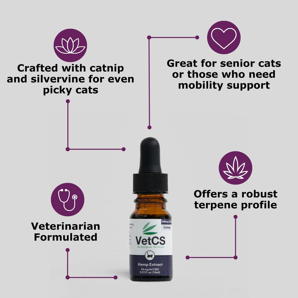 Catnip and silvervine cbd tincture for cats infographic with light gray background