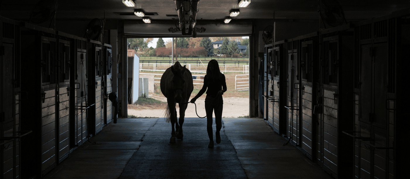 Chelsea Luedke walking in dark barn with a horse. 