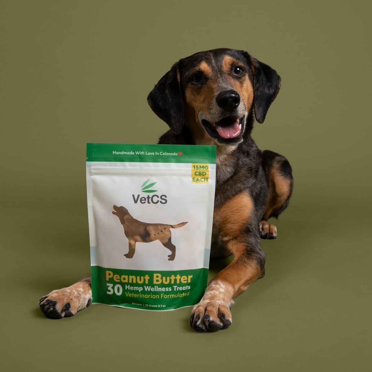 VetCS peanut butter hemp wellness treats with a brown and black dog and greeen background