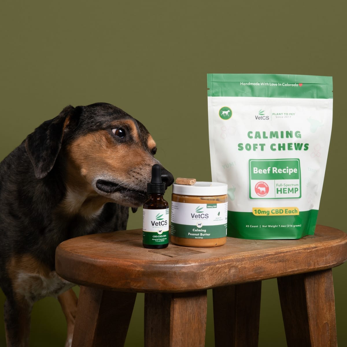 Dog sniffing VetCS calming products with dark green background