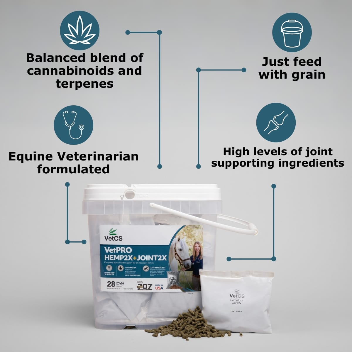 VetCS VetPRO Hemp2X+Joint2X pellets for horses infographic with light gray background