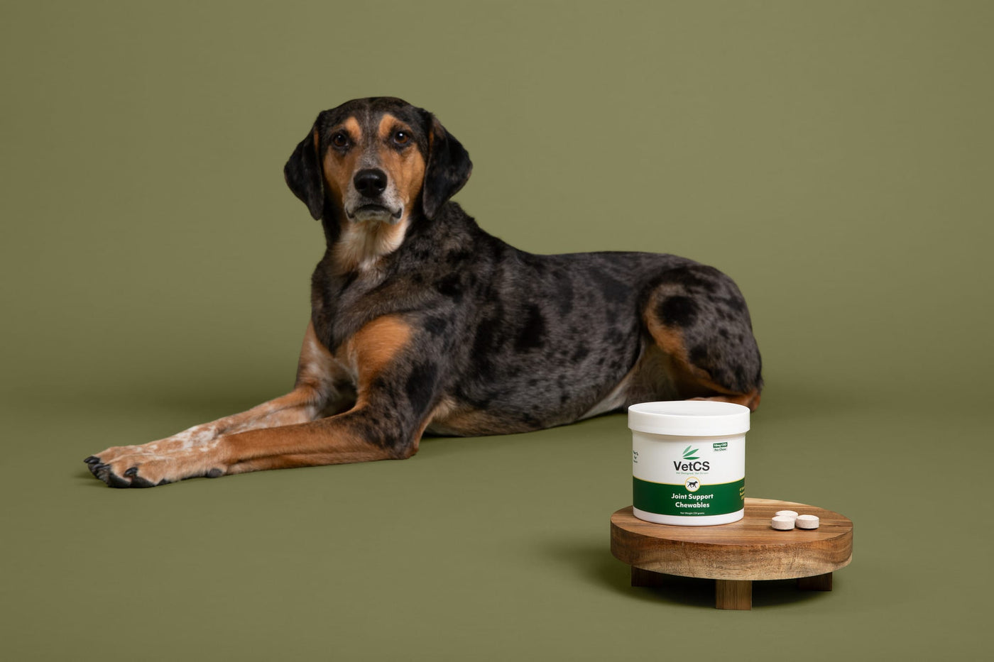Brown and black dog laying down behind VetCS Joint Support Chewables with green background