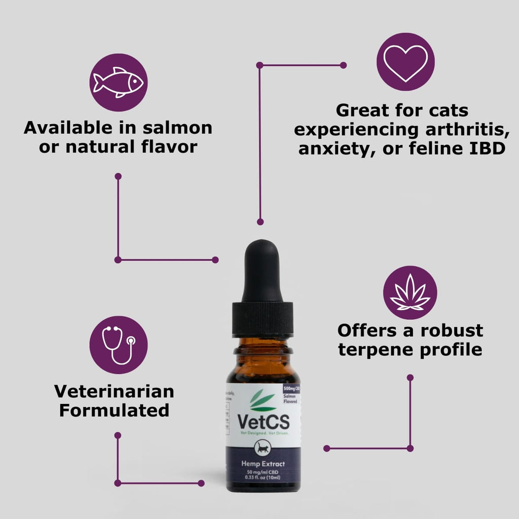 VetCS salmon flavored cbd oil for cats tincture infographic with light gray background