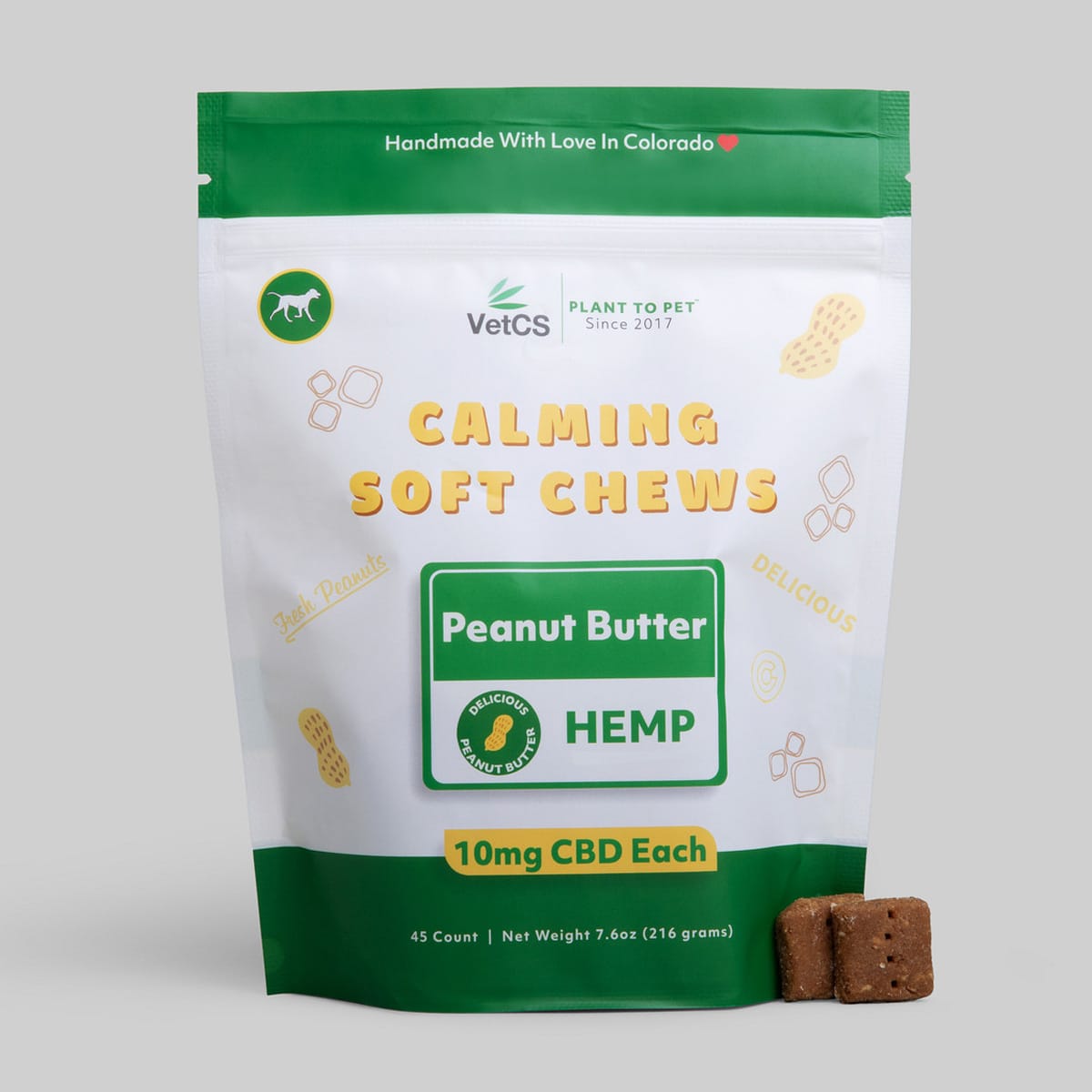 VetCS calming soft chews for dogs peanut butter flavor with light gray background