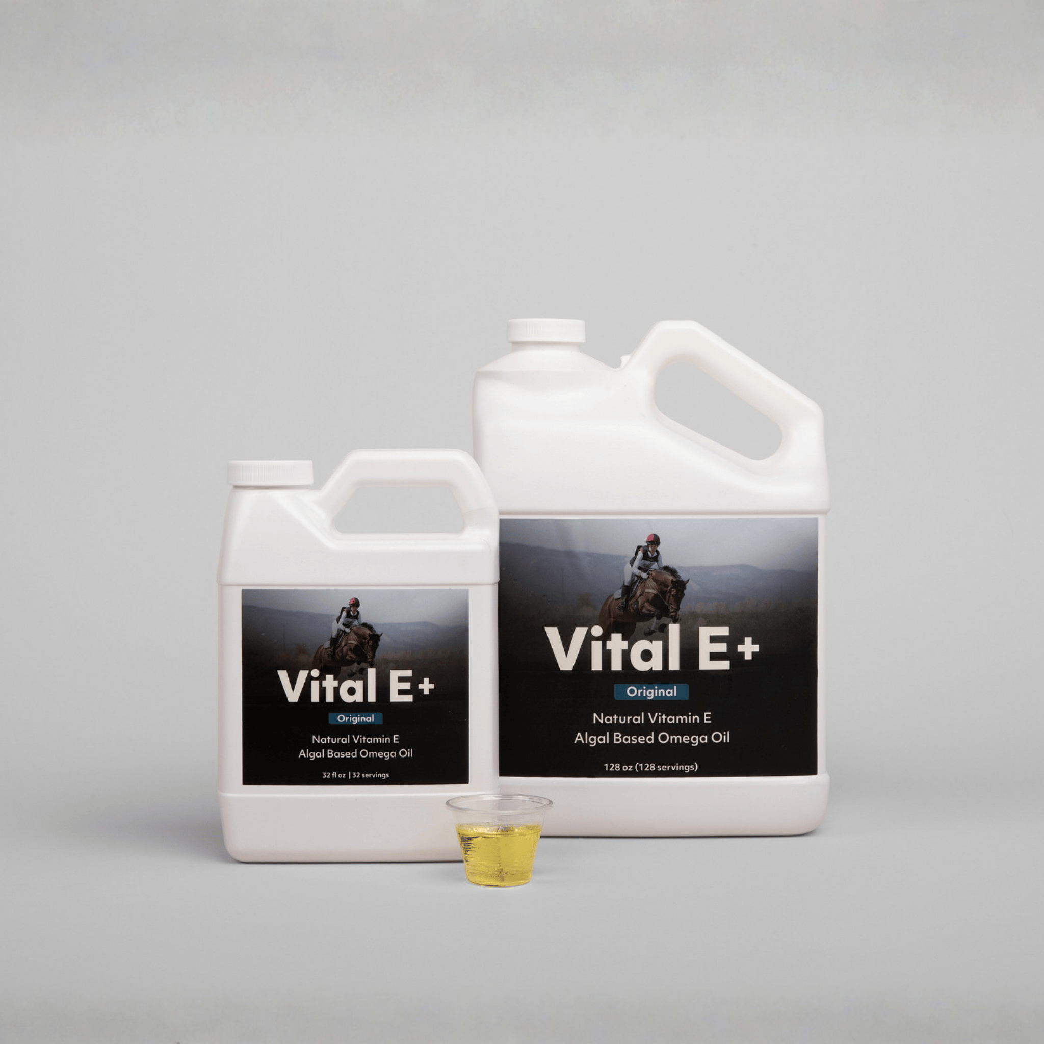 VetCS Vital E Omega Oil for horses packaging with light gray background