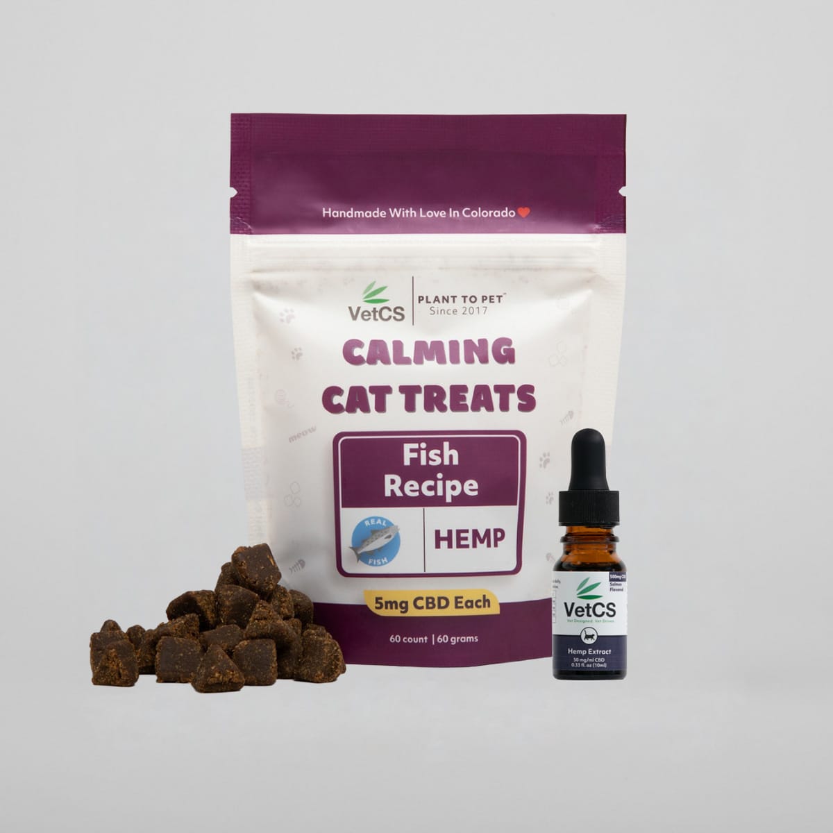 Calming Cat Treats bag with a 500mg CBD  tincture for cats