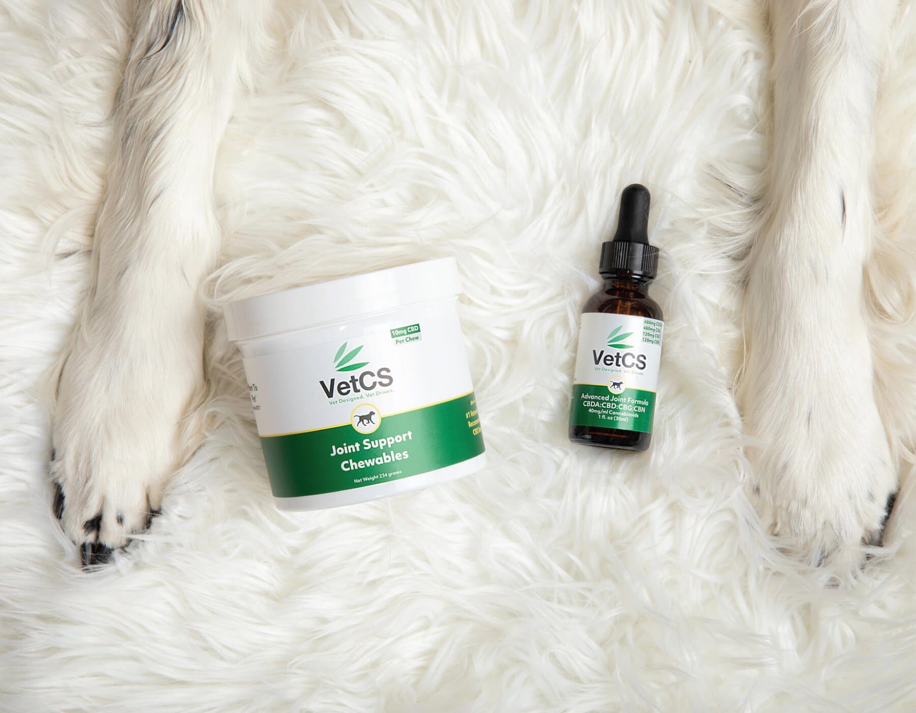 VetCS CBD for dogs – premium veterinarian-recommended CBD oil and chews with a dog's paws on a soft white rug.