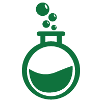 Green icon of a beaker with bubbles on a green background