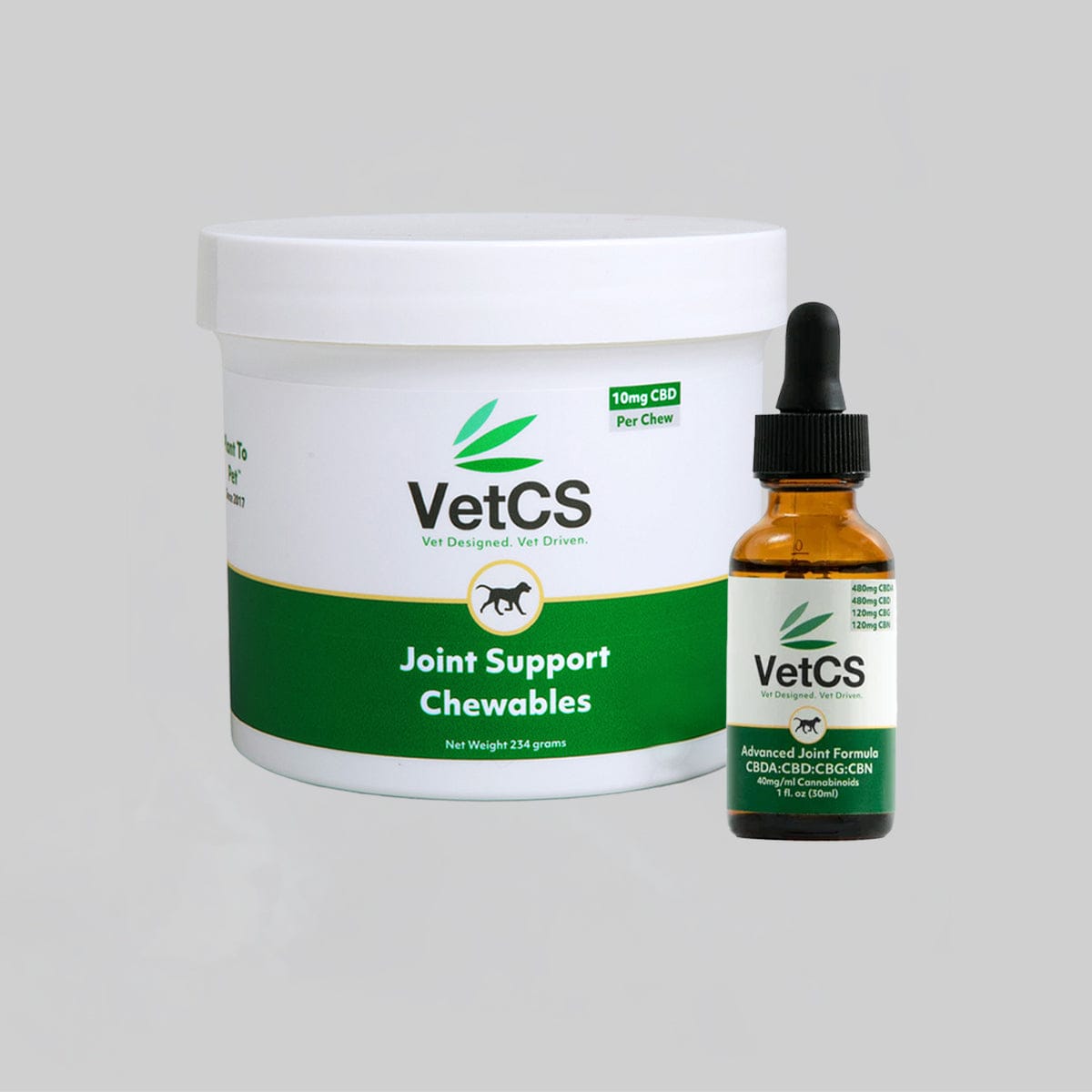 VetCS joint Chewables with a bottle of Advanced Joint Formula