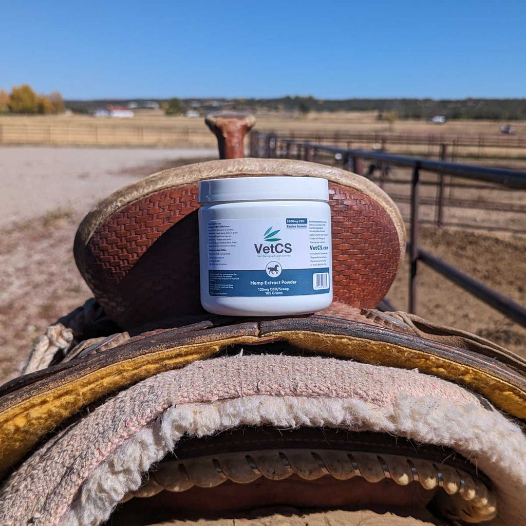VetCS Horse Powder sitting on a horse saddle