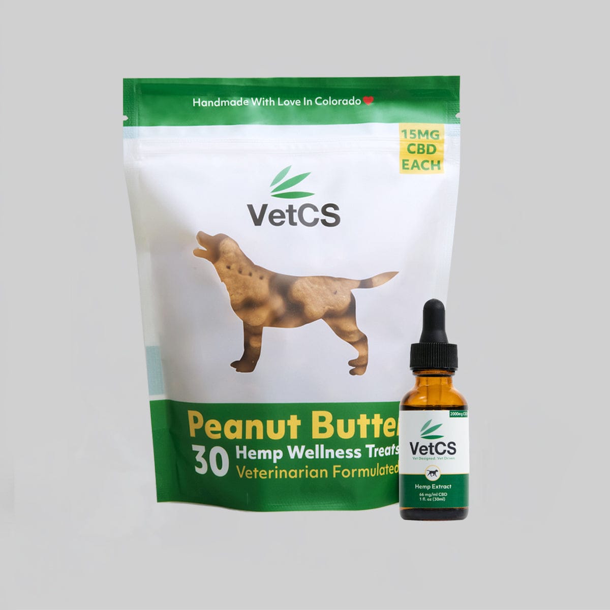 VetCS Hemp Wellness Treats packaging and bottle on a gray background