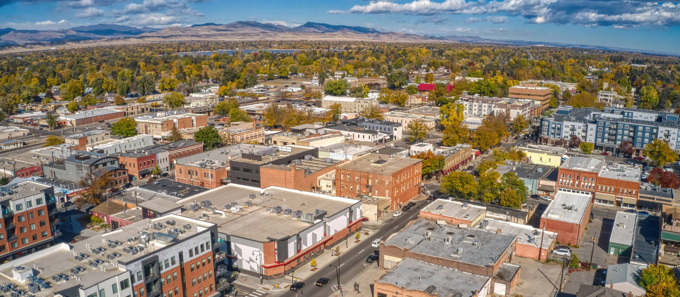 Aerial view of downtown Loveland, Colorado, home of the VetCS lab and production facility