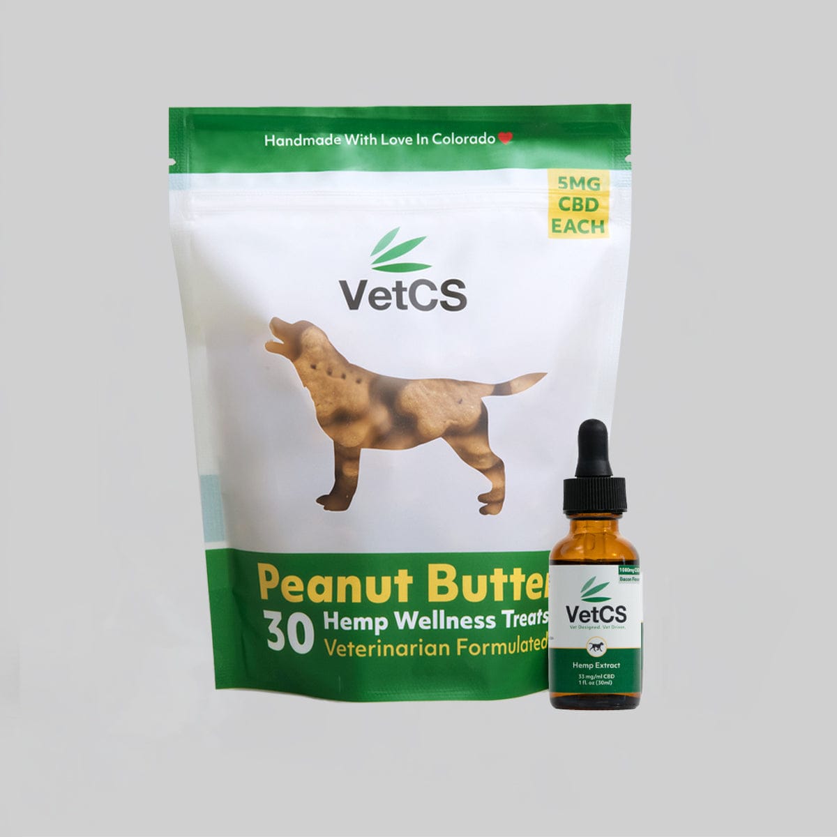 VetCS Hemp Wellness Treats packaging and bottle on a gray background