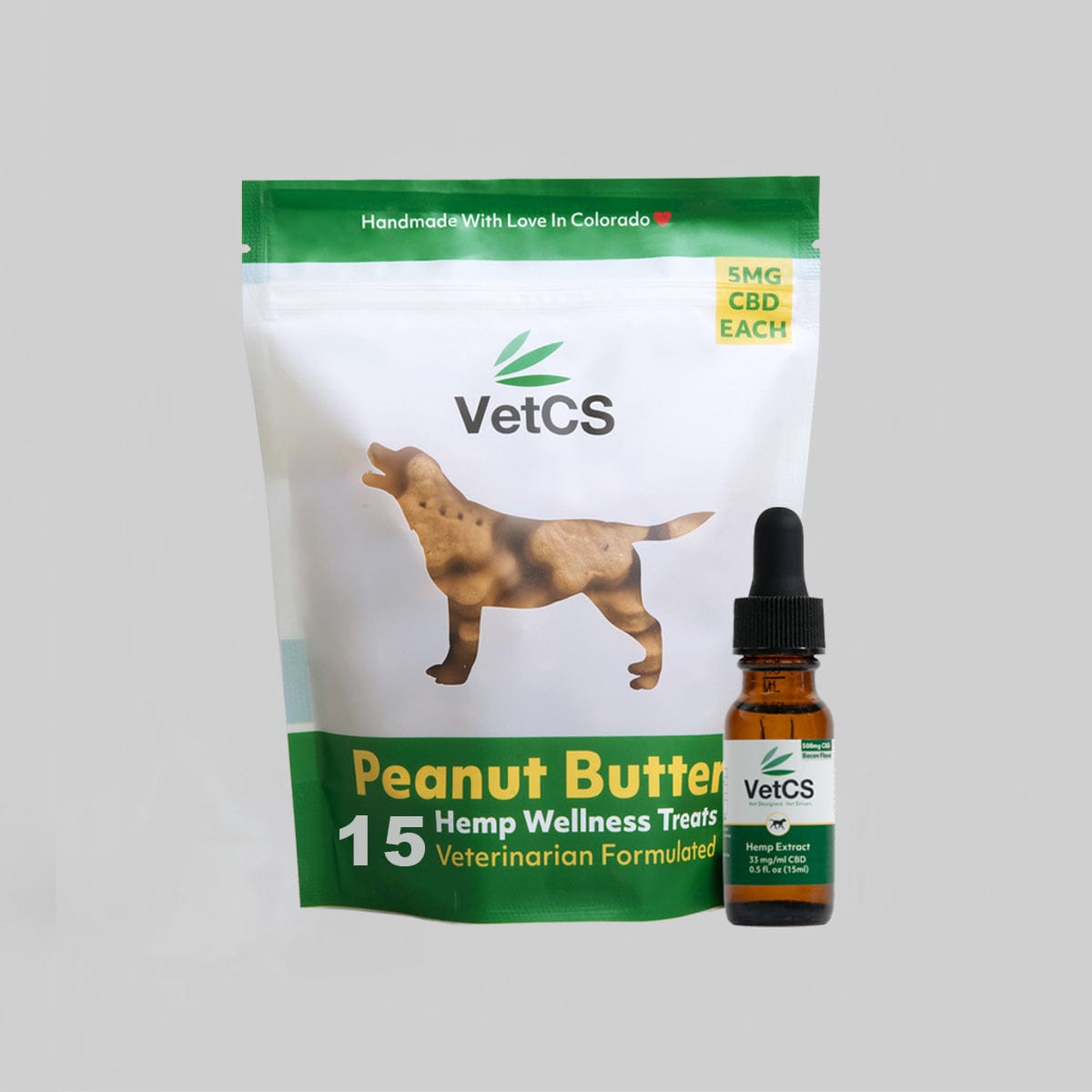 VetCS hemp wellness treats packaging and bottle on a gray background