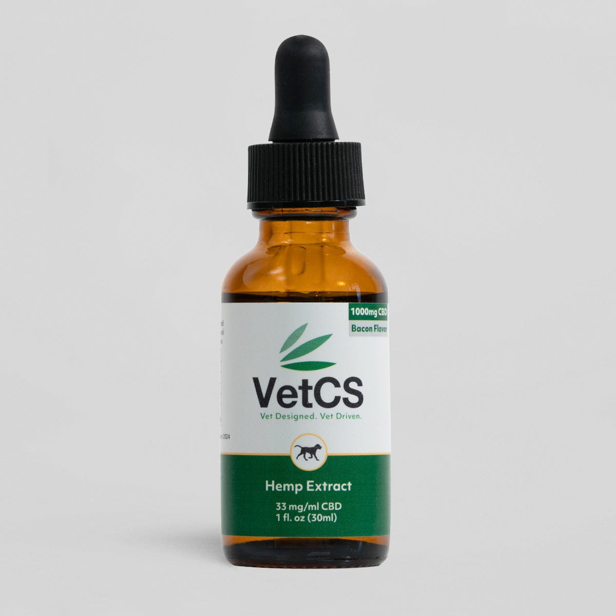 VetCS 1000mg CBD oil for large breed dogs – bacon flavored hemp extract in 30ml dropper bottle