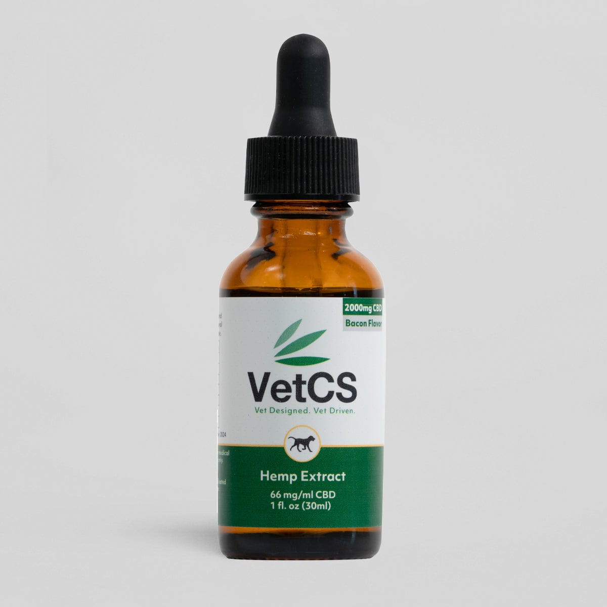 VetCS 2000mg CBD oil for large breed dogs – bacon flavored hemp extract in 30ml dropper bottle