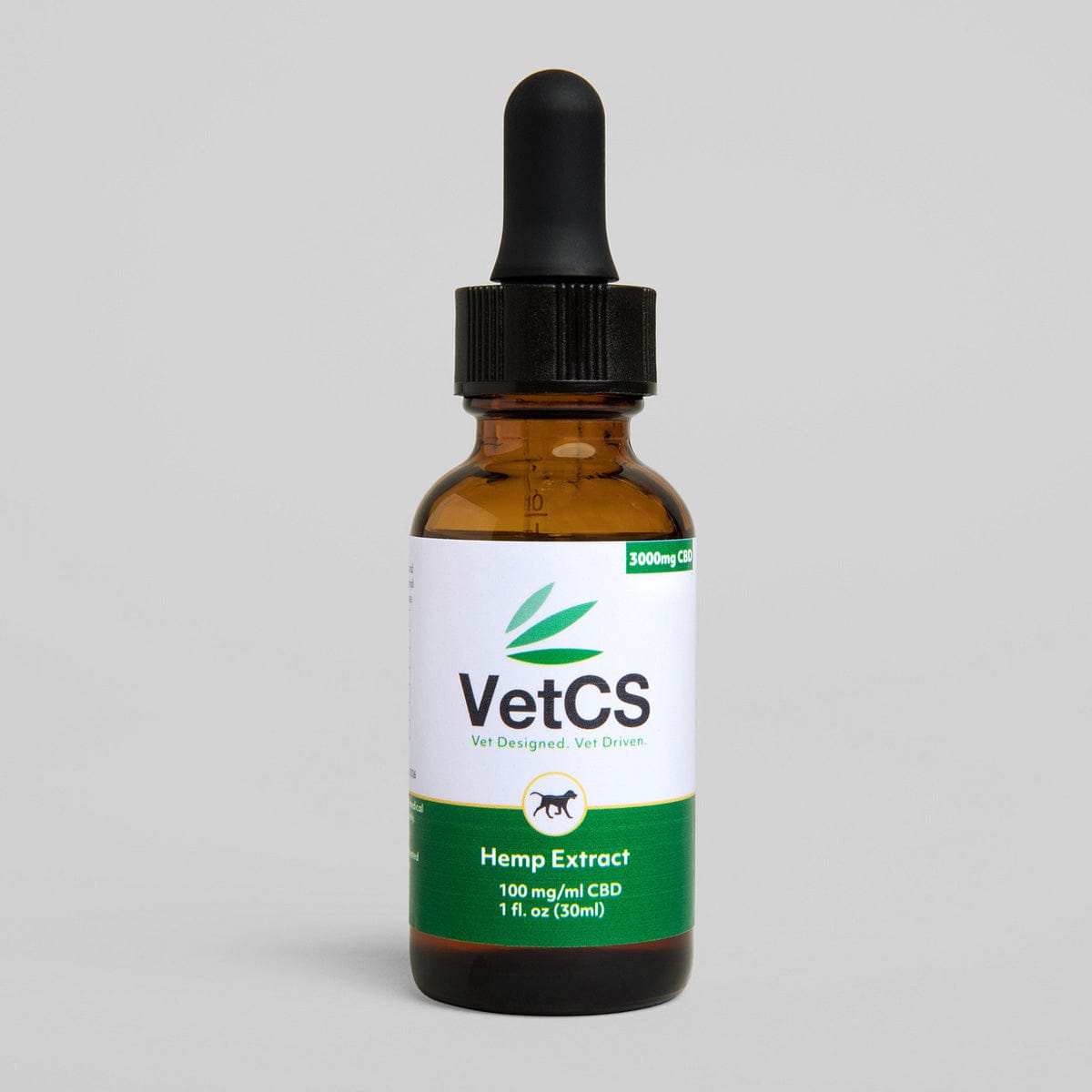 VetCS Hemp Extract bottle with dropper on a gray background