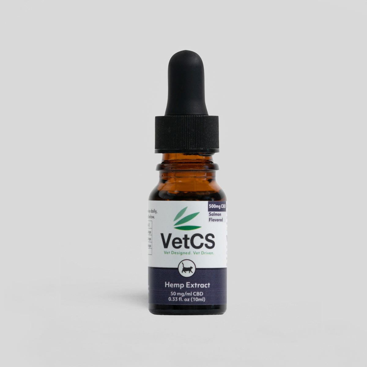 VetCS 500mg CBD oil for cats – salmon flavored hemp extract in 10ml dropper bottle
