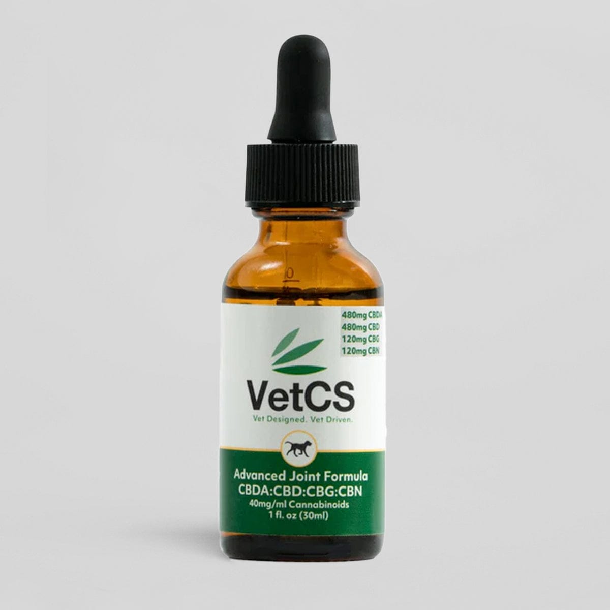 VetCS advanced joint formula tincture for dogs with light gray background