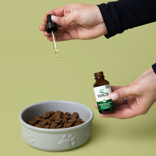 VetCS calming CBD oil with CBG and CBN being added to dog food from dropper bottle