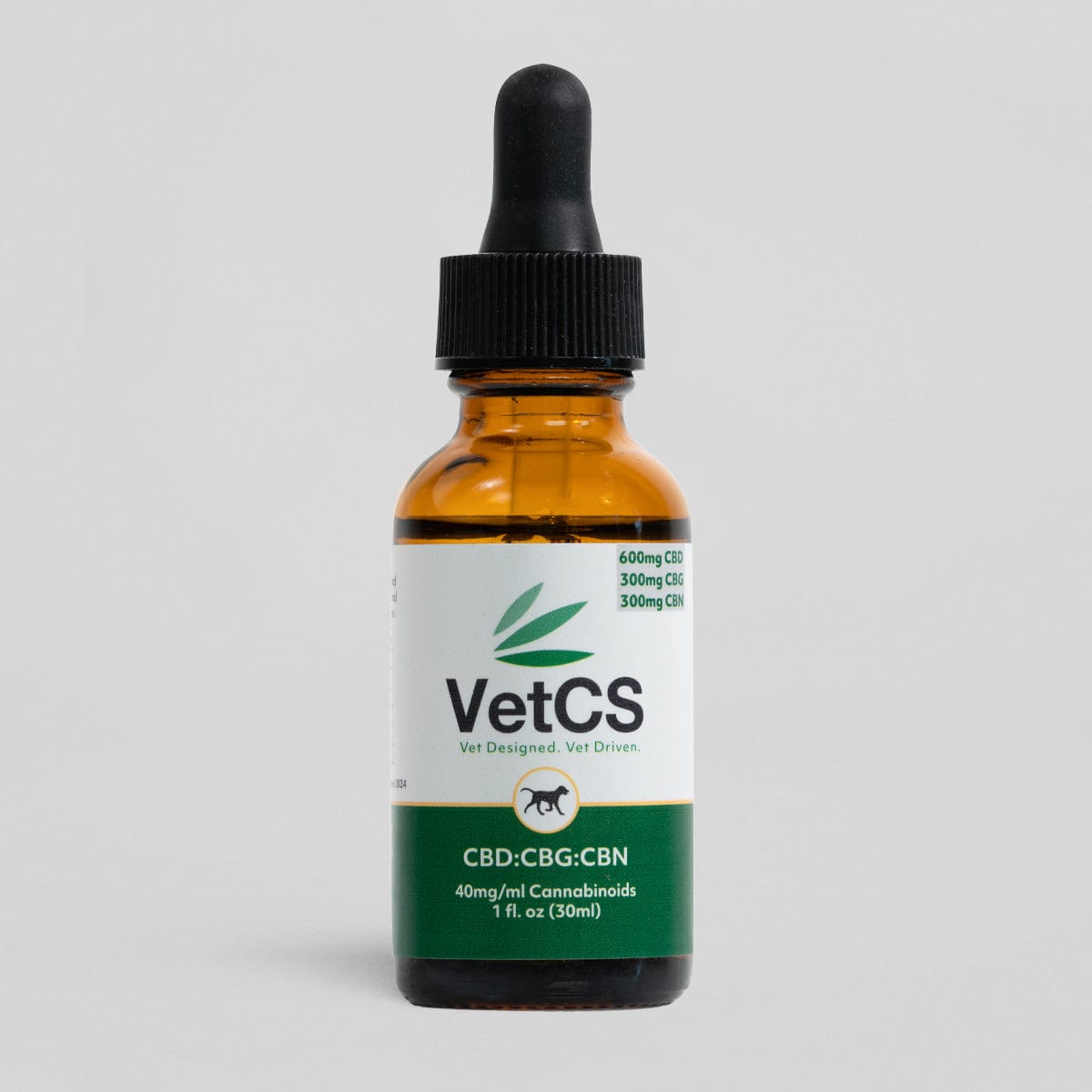 VetCS advanced calming formula tincture for dogs with light gray background