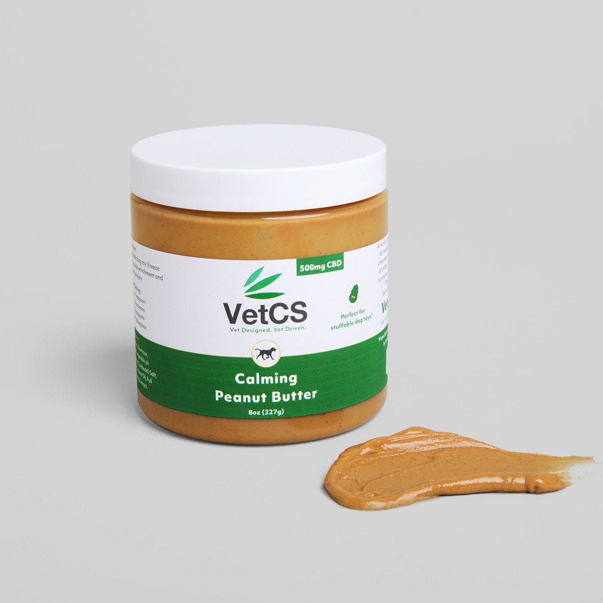 VetCS calming peanut butter for dogs with light gray background
