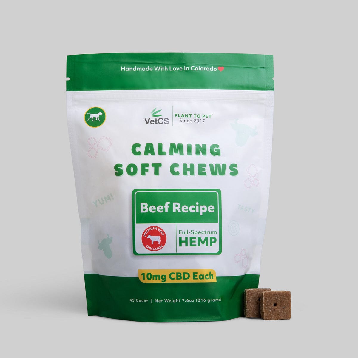 VetCS calming CBD soft chews for dogs – beef flavor, 10mg CBD per chew, 45 count pouch