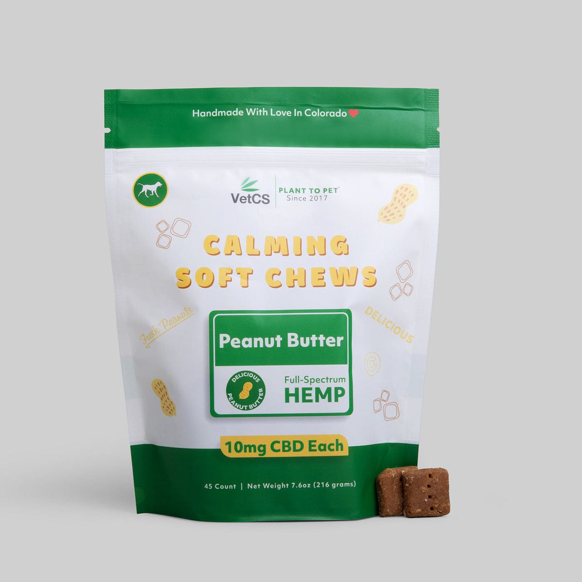 VetCS calming CBD soft chews for dogs – peanut butter flavor, 10mg CBD per chew, 45 count pouch