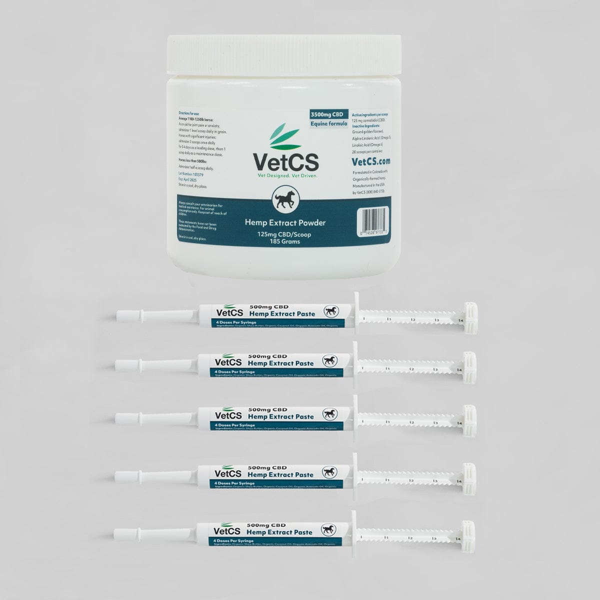 VetCS CBD combo pack for horses – includes 3500mg hemp extract powder and six 500mg paste syringes