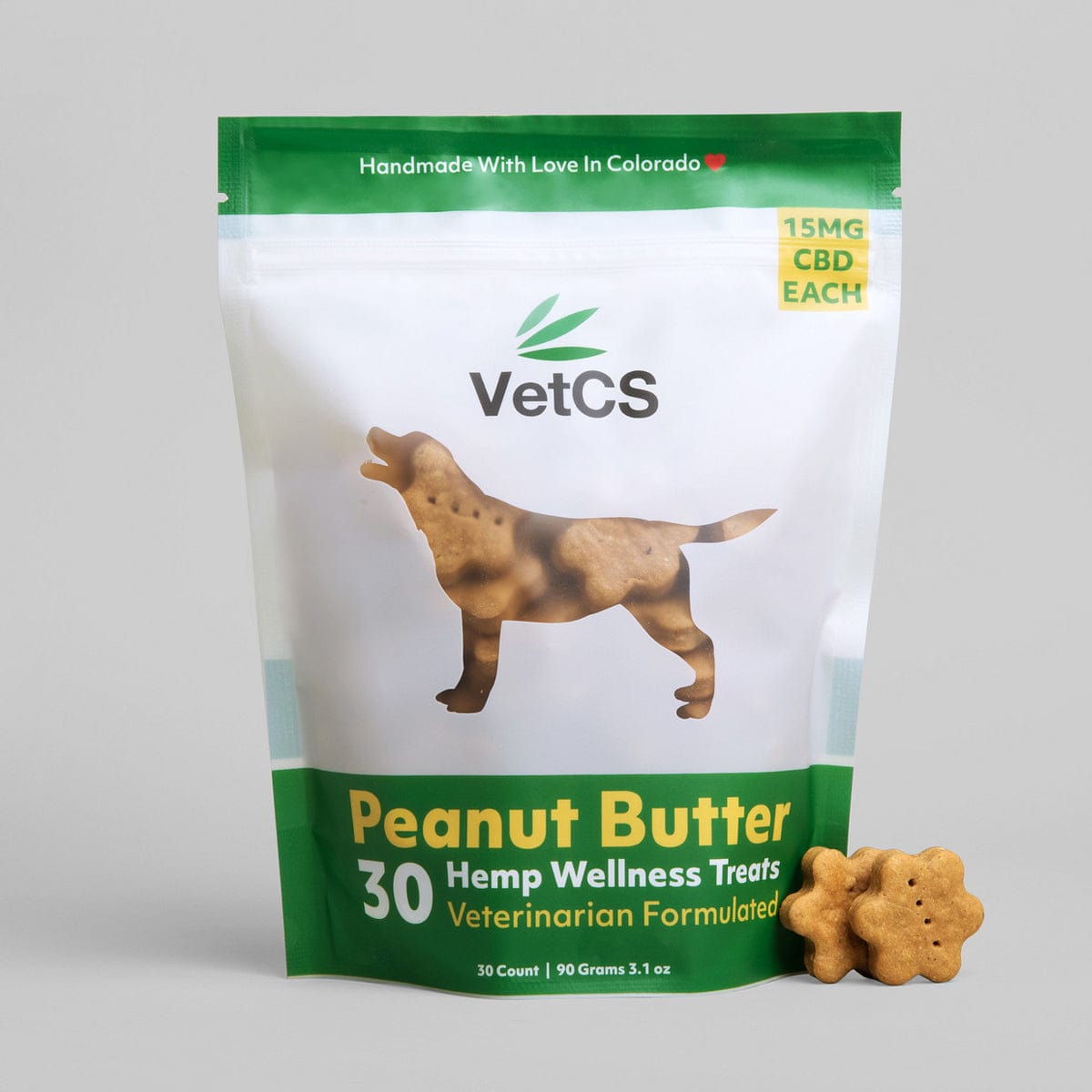 VetCS peanut butter hemp wellness treats for dogs with light gray background
