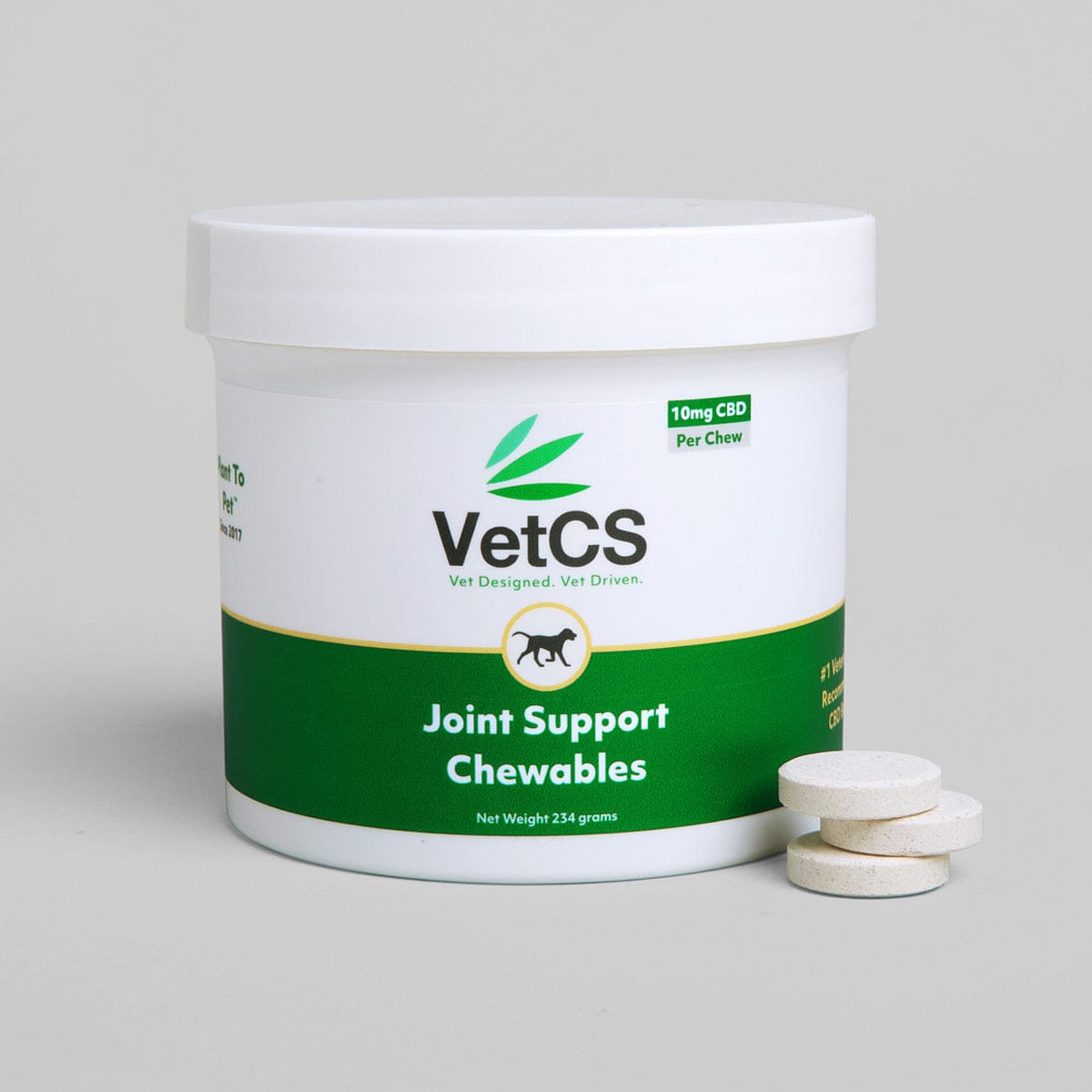 VetCS joint support chewables for dogs – 10mg CBD per chew, 234g container with 3 tablets shown