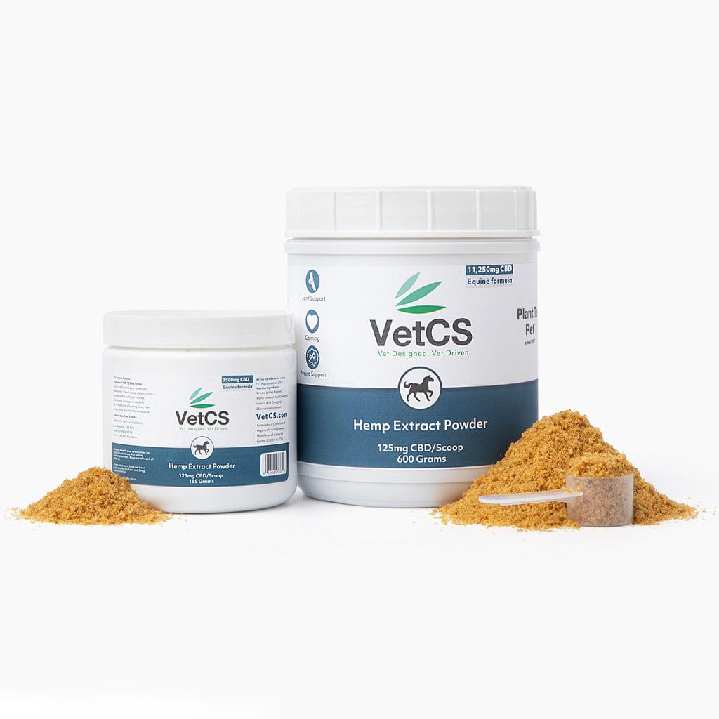 High-resolution image of VetCS Hemp Extract Powder for horses, featuring 125mg of CBD per scoop in two jar sizes with a display of the powdered formula and measuring scoop.