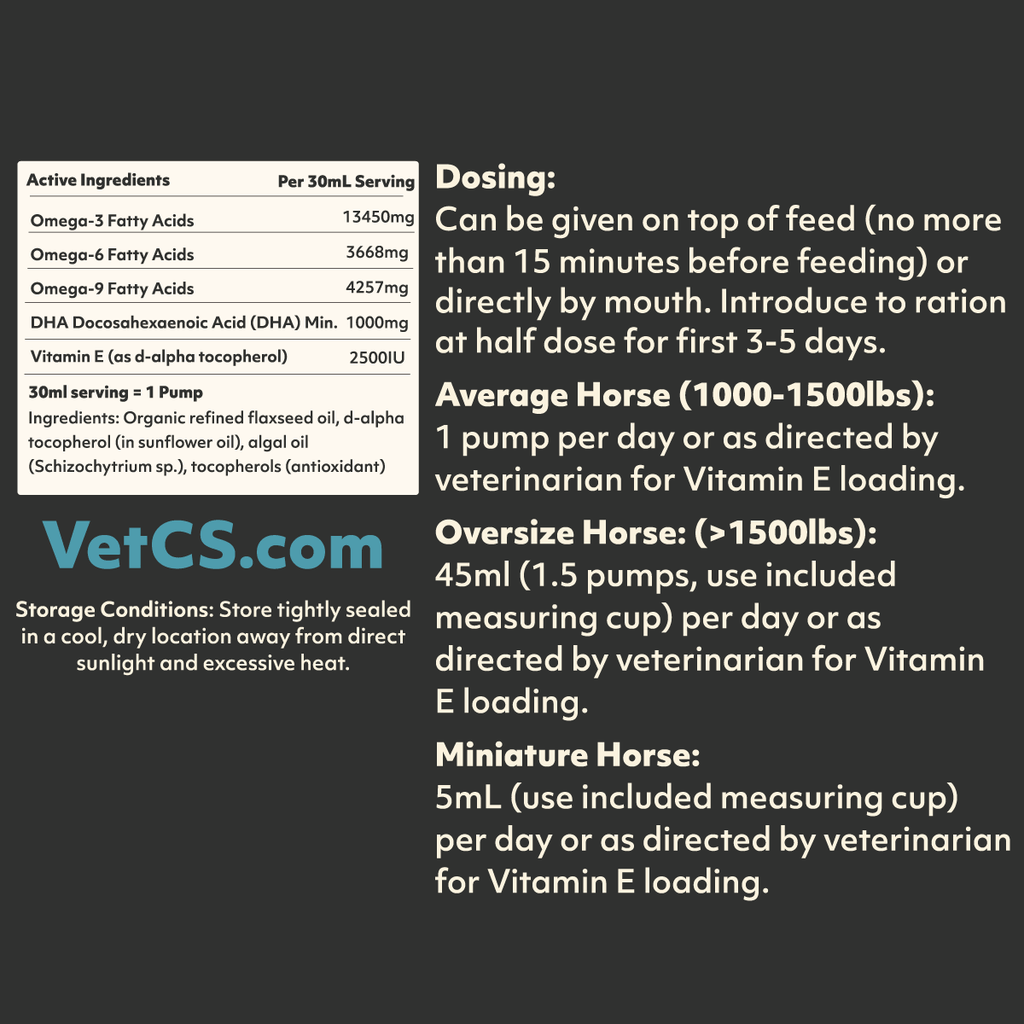 VetCS Vital E+ Omega Oil and Vitamin E for Horses Dosing 