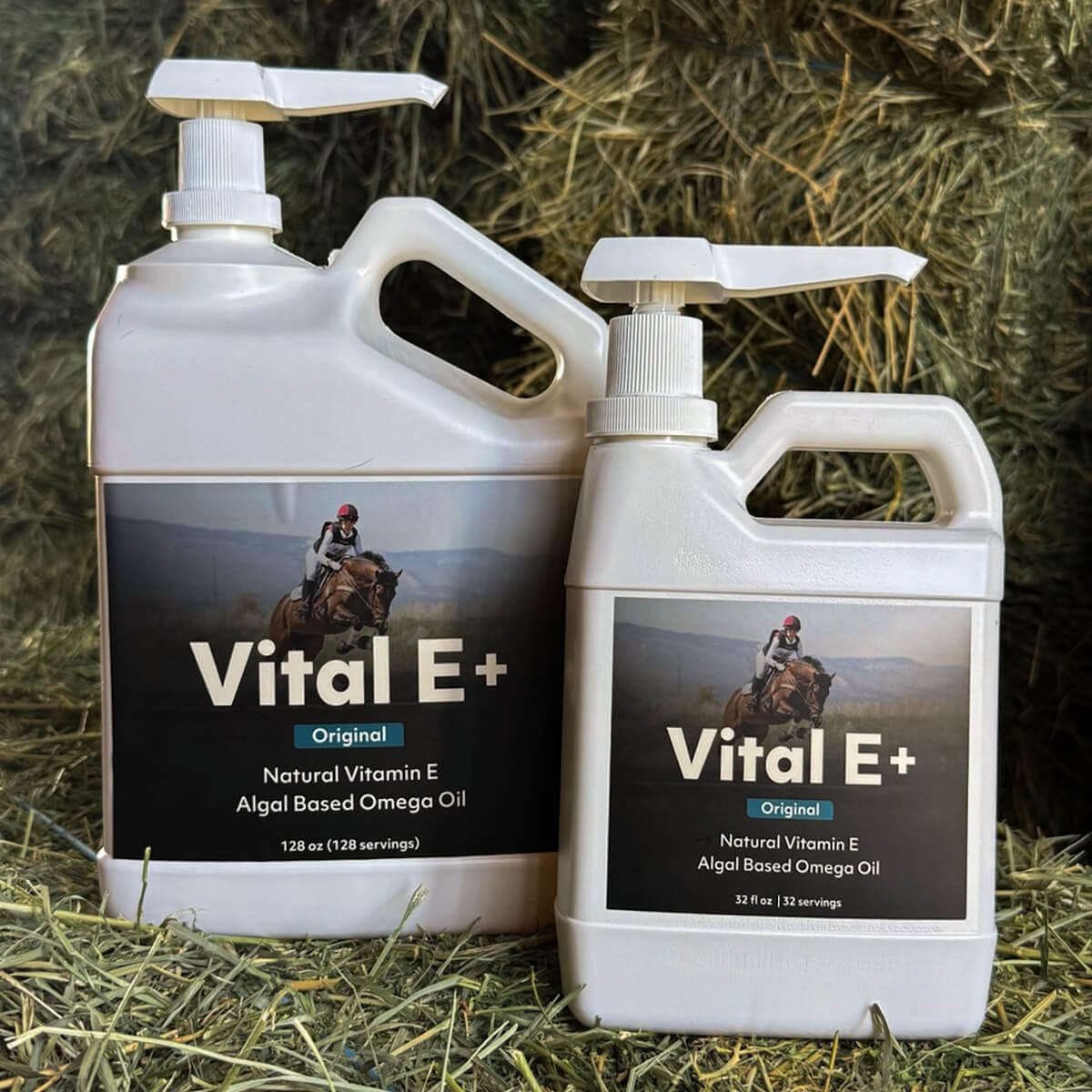 Two bottles of Vital E+ supplement on a hay background