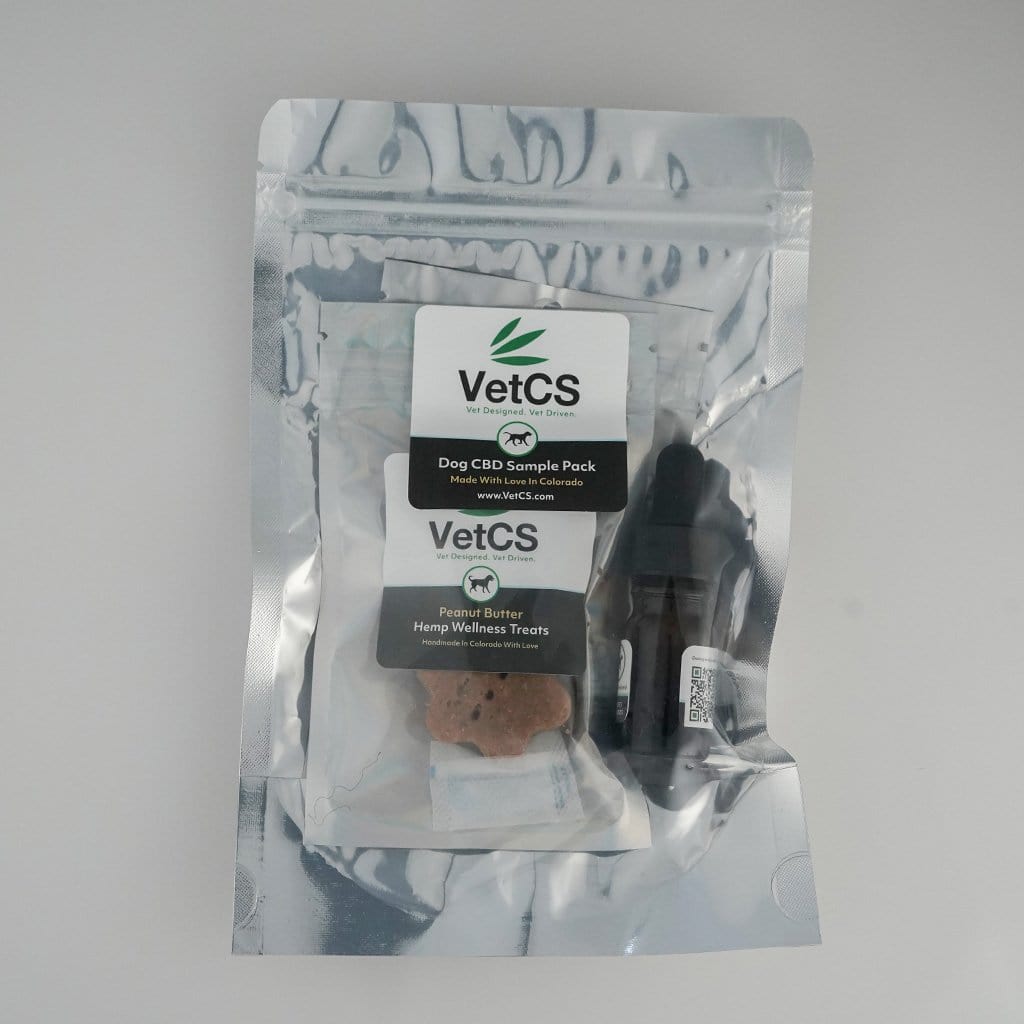VetCS CBD sample pack for dogs. Contains two peanut butter hemp wellness treats, three canine joint chewables, and one 500mg CBD oil 33ml bottle