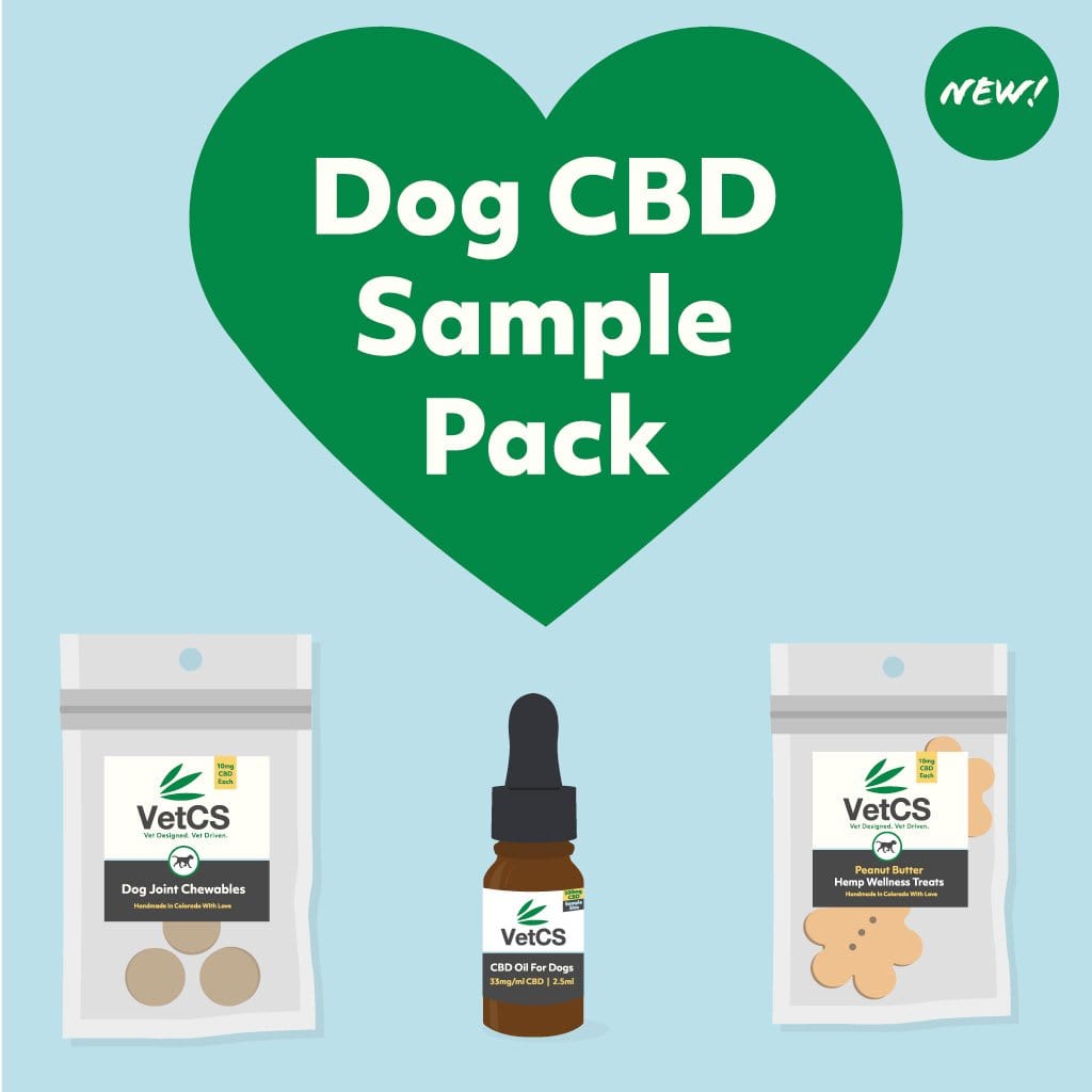 VetCS CBD sample pack for dogs. Contains two peanut butter hemp wellness treats, three canine joint chewables, and one 500mg CBD oil 33ml bottle
